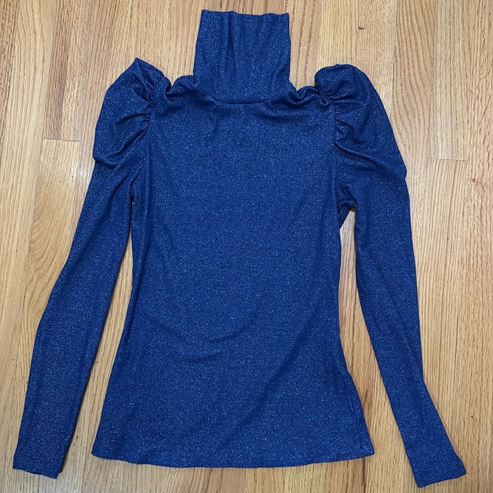 Inc International Concept, Small Turtleneck, Stretchy Blue Sparkle, Long Sleeve